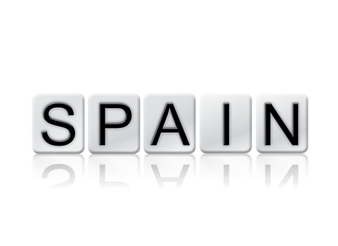 The word "Spain" written in tile letters isolated on a white background.