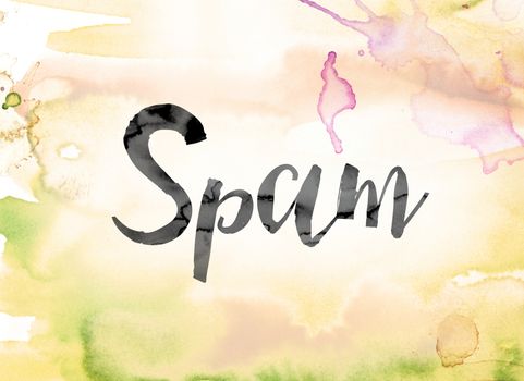 The word "Spam" painted in black ink over a colorful watercolor washed background concept and theme.