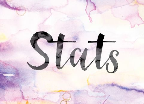 The word "Stats" painted in black ink over a colorful watercolor washed background concept and theme.