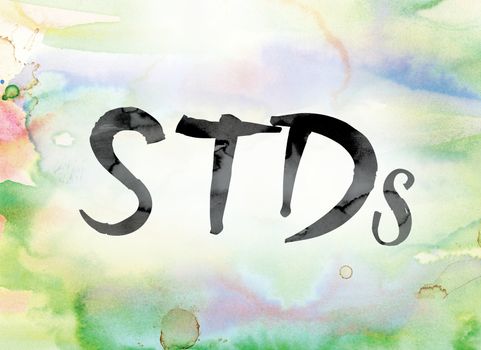The word "STDs" painted in black ink over a colorful watercolor washed background concept and theme.