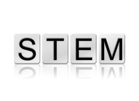 The word "STEM" written in tile letters isolated on a white background.
