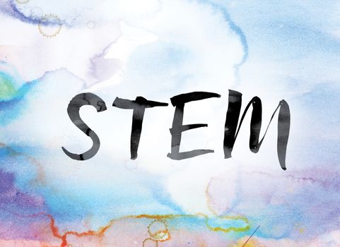 The word "STEM" painted in black ink over a colorful watercolor washed background concept and theme.