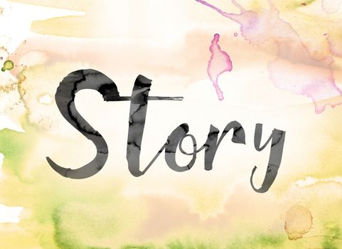 The word "Story" painted in black ink over a colorful watercolor washed background concept and theme.