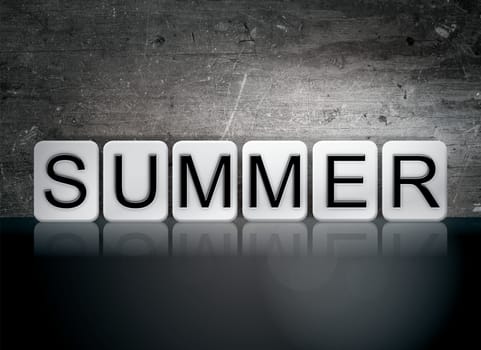 The word "Summer" written in white tiles against a dark vintage grunge background.