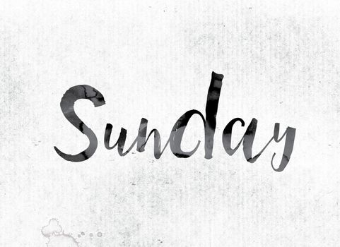 The word "Sunday" concept and theme painted in watercolor ink on a white paper.