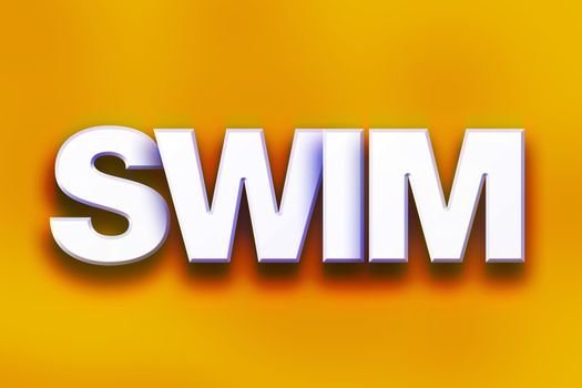 The word "Swim" written in white 3D letters on a colorful background concept and theme.