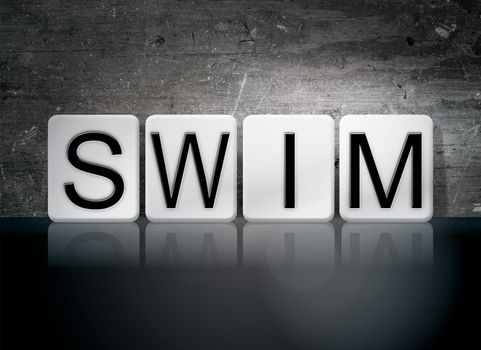The word "Swim" written in white tiles against a dark vintage grunge background.