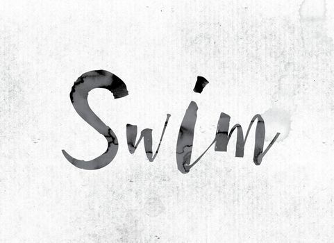 The word "Swim" concept and theme painted in watercolor ink on a white paper.
