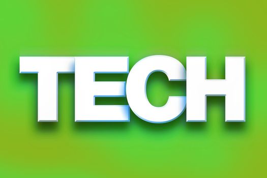 The word "Tech" written in white 3D letters on a colorful background concept and theme.