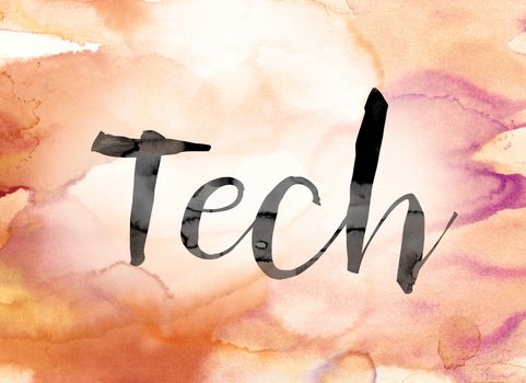 The word "Tech" painted in black ink over a colorful watercolor washed background concept and theme.