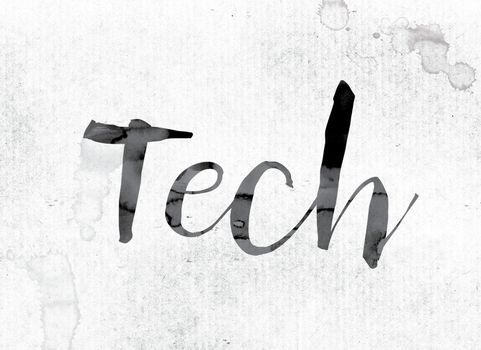 The word "Tech" concept and theme painted in watercolor ink on a white paper.