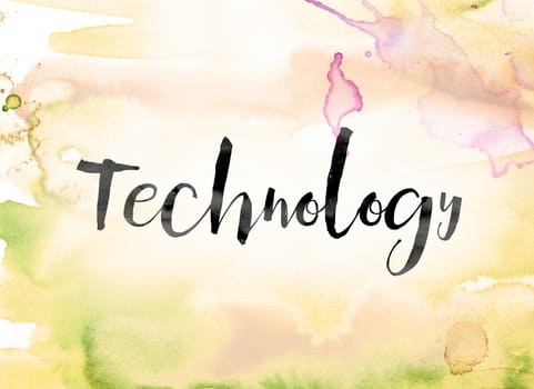 The word "Technology" painted in black ink over a colorful watercolor washed background concept and theme.