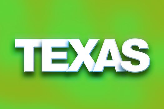 The word "Texas" written in white 3D letters on a colorful background concept and theme.