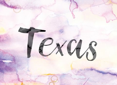 The word "Texas" painted in black ink over a colorful watercolor washed background concept and theme.