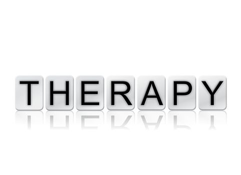 The word "Therapy" written in tile letters isolated on a white background.
