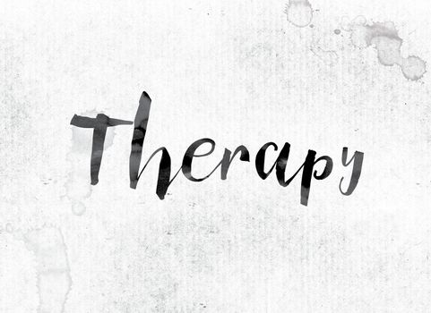 The word "Therapy" concept and theme painted in watercolor ink on a white paper.