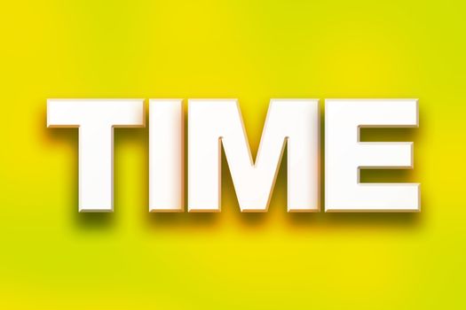 The word "Time" written in white 3D letters on a colorful background concept and theme.