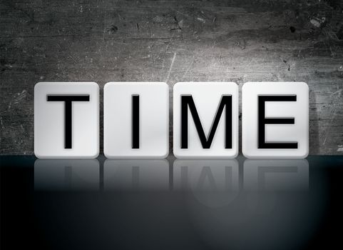 The word "Time" written in white tiles against a dark vintage grunge background.