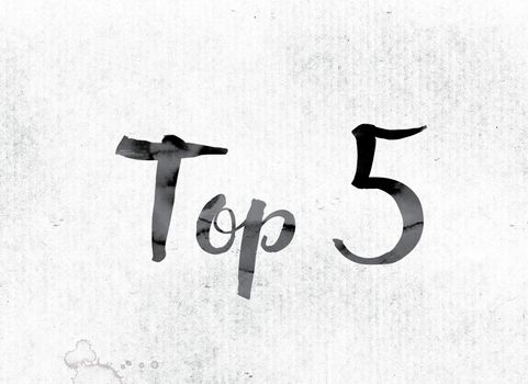 The word "Top 5" concept and theme painted in watercolor ink on a white paper.
