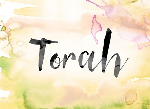 The word "Torah" painted in black ink over a colorful watercolor washed background concept and theme.