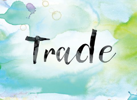 The word "Trade" painted in black ink over a colorful watercolor washed background concept and theme.