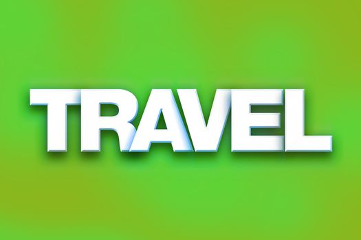 The word "Travel" written in white 3D letters on a colorful background concept and theme.