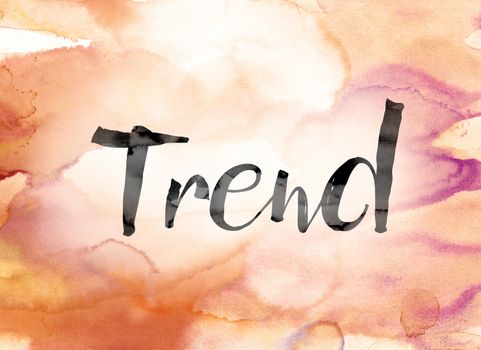 The word "Trend" painted in black ink over a colorful watercolor washed background concept and theme.