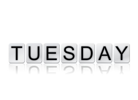 The word "Tuesday" written in tile letters isolated on a white background.