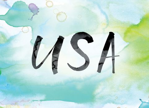 The word "USA" painted in black ink over a colorful watercolor washed background concept and theme.