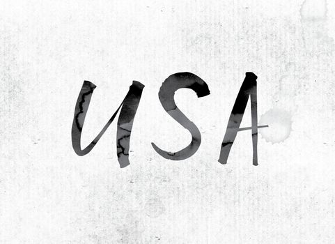 The word "USA" concept and theme painted in watercolor ink on a white paper.