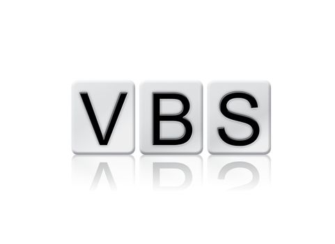 The word "VBS" written in tile letters isolated on a white background.