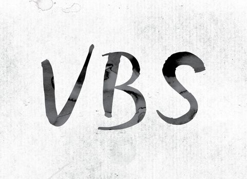 The word "VBS" concept and theme painted in watercolor ink on a white paper.