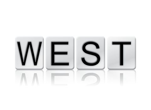 The word "West" written in tile letters isolated on a white background.