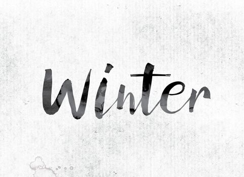 The word "Winter" concept and theme painted in watercolor ink on a white paper.