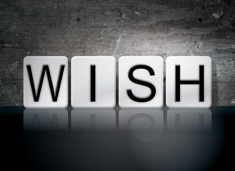 The word "Wish" written in white tiles against a dark vintage grunge background.