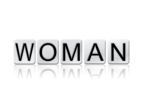 The word "Woman" written in tile letters isolated on a white background.
