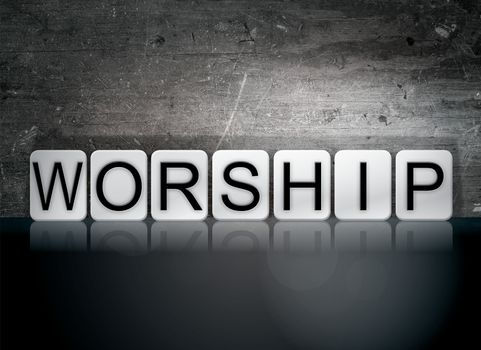 The word "Worship" written in white tiles against a dark vintage grunge background.