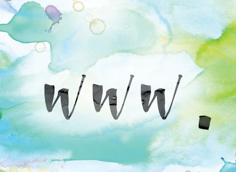 The word "www." painted in black ink over a colorful watercolor washed background concept and theme.
