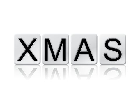 The word "Xmas" written in tile letters isolated on a white background.