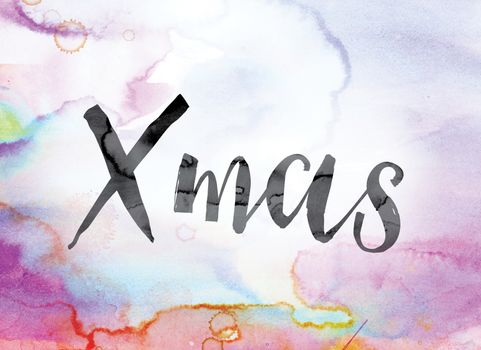The word "Xmas" painted in black ink over a colorful watercolor washed background concept and theme.