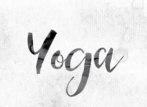 The word "Yoga" concept and theme painted in watercolor ink on a white paper.
