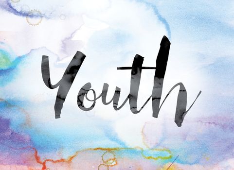 The word "Youth" painted in black ink over a colorful watercolor washed background concept and theme.