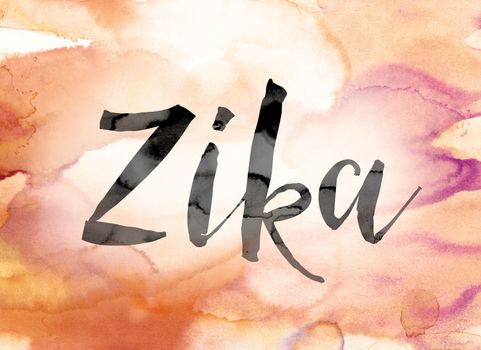 The word "Zika" painted in black ink over a colorful watercolor washed background concept and theme.