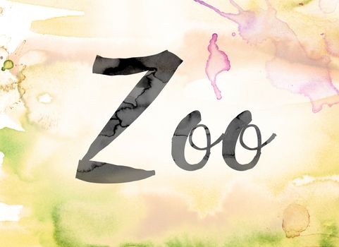 The word "Zoo" painted in black ink over a colorful watercolor washed background concept and theme.