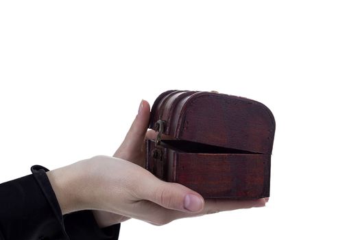 Antique casket in female hands on a white background