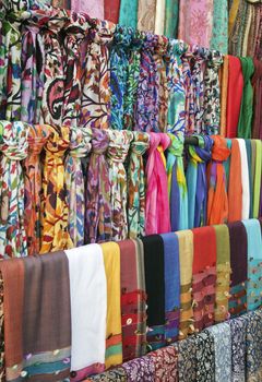 Colorful scarves on an oriental bazaar market in Khiva, Uzbekistan