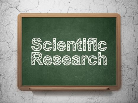 Science concept: text Scientific Research on Green chalkboard on grunge wall background, 3D rendering