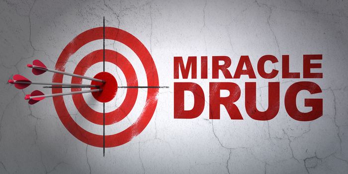 Success Medicine concept: arrows hitting the center of target, Red Miracle Drug on wall background, 3D rendering