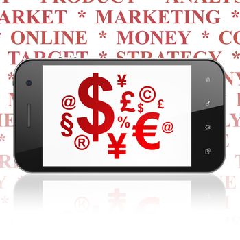 Marketing concept: Smartphone with  red Finance Symbol icon on display,  Tag Cloud background, 3D rendering