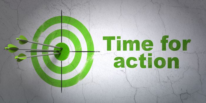 Success timeline concept: arrows hitting the center of target, Green Time For Action on wall background, 3D rendering